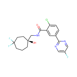 O=C(NC[C@]1(O)CCCC(F)(F)CC1)c1cc(-c2ncc(F)cn2)ccc1Cl ZINC000049784303