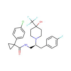 O=C(NC[C@H](Cc1ccc(F)cc1)N1CCC(O)(C(F)(F)F)CC1)C1(c2ccc(Cl)cc2)CC1 ZINC001772577358