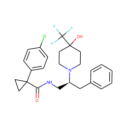 O=C(NC[C@H](Cc1ccccc1)N1CCC(O)(C(F)(F)F)CC1)C1(c2ccc(Cl)cc2)CC1 ZINC001772639437