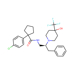 O=C(NC[C@H](Cc1ccccc1)N1CCC(O)(C(F)(F)F)CC1)C1(c2ccc(Cl)cc2)CCCC1 ZINC000606301608