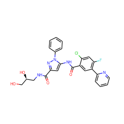 O=C(NC[C@H](O)CO)c1cc(NC(=O)c2cc(-c3ccccn3)c(F)cc2Cl)n(-c2ccccc2)n1 ZINC001772609752