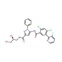 O=C(NC[C@H](O)CO)c1cc(NC(=O)c2cc(-c3ncccc3F)c(Cl)cc2Cl)n(-c2ccccc2)n1 ZINC001772654350