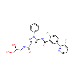 O=C(NC[C@H](O)CO)c1cc(NC(=O)c2cc(-c3ncccc3F)ccc2Cl)n(-c2ccccc2)n1 ZINC001772626008