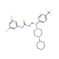 O=C(NC[C@H](c1ccc(C(F)(F)F)cc1)N1CCN(C2CCCCC2)CC1)Nc1cc(Cl)cc(Cl)c1 ZINC000028115003