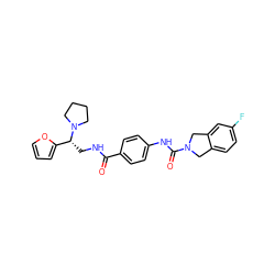 O=C(NC[C@H](c1ccco1)N1CCCC1)c1ccc(NC(=O)N2Cc3ccc(F)cc3C2)cc1 ZINC000167575330