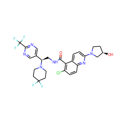 O=C(NC[C@H](c1cnc(C(F)(F)F)nc1)N1CCC(F)(F)CC1)c1c(Cl)ccc2nc(N3CC[C@@H](O)C3)ccc12 ZINC000149225179