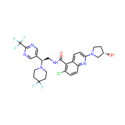 O=C(NC[C@H](c1cnc(C(F)(F)F)nc1)N1CCC(F)(F)CC1)c1c(Cl)ccc2nc(N3CC[C@H](O)C3)ccc12 ZINC000146753379