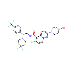 O=C(NC[C@H](c1cnc(C(F)(F)F)nc1)N1CCC(F)(F)CC1)c1c(Cl)ccc2nc(N3CCC(O)CC3)ccc12 ZINC000149189026