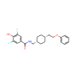 O=C(NC[C@H]1CC[C@@H](CCOc2ccccc2)CC1)c1cc(F)c(O)c(F)c1 ZINC000261130080