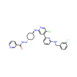 O=C(NC[C@H]1CC[C@H](Nc2cc(-c3cccc(NCc4cccc(F)c4)n3)c(Cl)cn2)CC1)c1cccnc1 ZINC000261101251