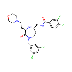 O=C(NC[C@H]1CCN(Cc2cc(Cl)cc(Cl)c2)C(=O)[C@@H](CCN2CCOCC2)N1)c1ccc(Cl)c(Cl)c1 ZINC000144342472