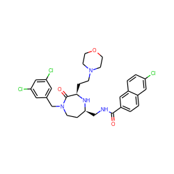 O=C(NC[C@H]1CCN(Cc2cc(Cl)cc(Cl)c2)C(=O)[C@@H](CCN2CCOCC2)N1)c1ccc2cc(Cl)ccc2c1 ZINC000206921192