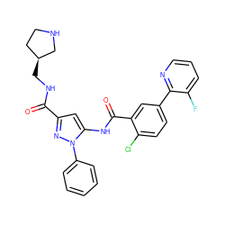 O=C(NC[C@H]1CCNC1)c1cc(NC(=O)c2cc(-c3ncccc3F)ccc2Cl)n(-c2ccccc2)n1 ZINC001772611351