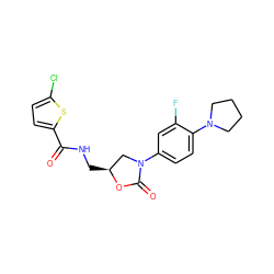 O=C(NC[C@H]1CN(c2ccc(N3CCCC3)c(F)c2)C(=O)O1)c1ccc(Cl)s1 ZINC000012354974