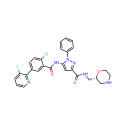 O=C(NC[C@H]1CNCCO1)c1cc(NC(=O)c2cc(-c3ncccc3F)ccc2Cl)n(-c2ccccc2)n1 ZINC001772645197