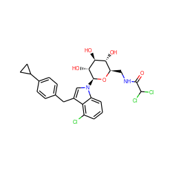 O=C(NC[C@H]1O[C@@H](n2cc(Cc3ccc(C4CC4)cc3)c3c(Cl)cccc32)[C@H](O)[C@@H](O)[C@@H]1O)C(Cl)Cl ZINC000219004462