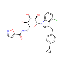 O=C(NC[C@H]1O[C@@H](n2cc(Cc3ccc(C4CC4)cc3)c3c(Cl)cccc32)[C@H](O)[C@@H](O)[C@@H]1O)c1ccno1 ZINC000219001251