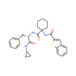 O=C(NC1(C(=O)N[C@@H](Cc2ccccc2)C(=O)NC2CC2)CCCCC1)c1cc2ccccc2s1 ZINC000028825158