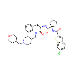 O=C(NC1(C(=O)N[C@H](Cc2ccccc2)C(=O)NCC2CCN(CC3CCOCC3)CC2)CCCC1)c1cc2ccc(Cl)cc2s1 ZINC000028711696