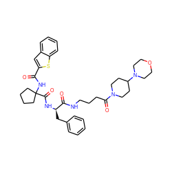 O=C(NC1(C(=O)N[C@H](Cc2ccccc2)C(=O)NCCCC(=O)N2CCC(N3CCOCC3)CC2)CCCC1)c1cc2ccccc2s1 ZINC000028711680