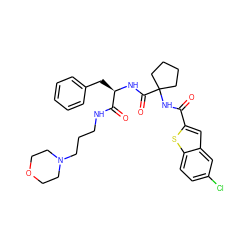 O=C(NC1(C(=O)N[C@H](Cc2ccccc2)C(=O)NCCCN2CCOCC2)CCCC1)c1cc2cc(Cl)ccc2s1 ZINC000028711692