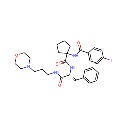 O=C(NC1(C(=O)N[C@H](Cc2ccccc2)C(=O)NCCCN2CCOCC2)CCCC1)c1ccc(I)cc1 ZINC000028711600