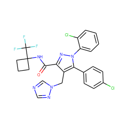 O=C(NC1(C(F)(F)F)CCC1)c1nn(-c2ccccc2Cl)c(-c2ccc(Cl)cc2)c1Cn1cncn1 ZINC000049767615