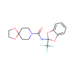 O=C(NC1(C(F)(F)F)Oc2ccccc2O1)N1CCC2(CC1)OCCO2 ZINC000001098101