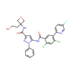 O=C(NC1(CCO)COC1)c1cc(NC(=O)c2cc(-c3ccc(F)cn3)c(Cl)cc2Cl)n(-c2ccccc2)n1 ZINC001772624232