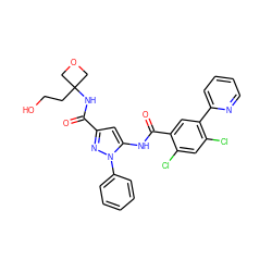 O=C(NC1(CCO)COC1)c1cc(NC(=O)c2cc(-c3ccccn3)c(Cl)cc2Cl)n(-c2ccccc2)n1 ZINC001772580050