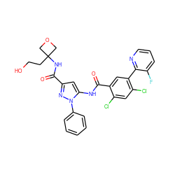 O=C(NC1(CCO)COC1)c1cc(NC(=O)c2cc(-c3ncccc3F)c(Cl)cc2Cl)n(-c2ccccc2)n1 ZINC001772651367