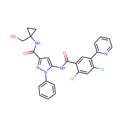 O=C(NC1(CO)CC1)c1cc(NC(=O)c2cc(-c3ccccn3)c(Cl)cc2Cl)n(-c2ccccc2)n1 ZINC001772651362