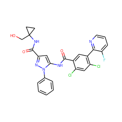 O=C(NC1(CO)CC1)c1cc(NC(=O)c2cc(-c3ncccc3F)c(Cl)cc2Cl)n(-c2ccccc2)n1 ZINC001772588442