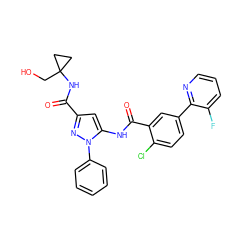 O=C(NC1(CO)CC1)c1cc(NC(=O)c2cc(-c3ncccc3F)ccc2Cl)n(-c2ccccc2)n1 ZINC001772570161