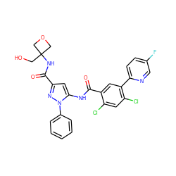 O=C(NC1(CO)COC1)c1cc(NC(=O)c2cc(-c3ccc(F)cn3)c(Cl)cc2Cl)n(-c2ccccc2)n1 ZINC001772602096