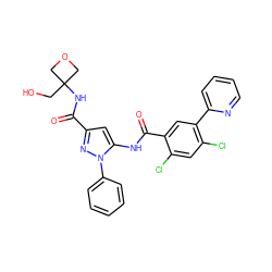 O=C(NC1(CO)COC1)c1cc(NC(=O)c2cc(-c3ccccn3)c(Cl)cc2Cl)n(-c2ccccc2)n1 ZINC001772605918