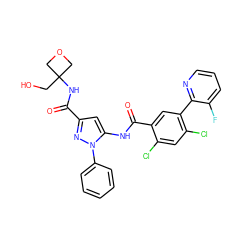 O=C(NC1(CO)COC1)c1cc(NC(=O)c2cc(-c3ncccc3F)c(Cl)cc2Cl)n(-c2ccccc2)n1 ZINC001772576042