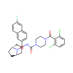 O=C(NC1C[C@H]2CC[C@H](C1)N2Cc1ccc2cc(F)ccc2c1)N1CCN(C(=O)c2c(Cl)cccc2Cl)CC1 ZINC000101513437