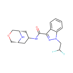 O=C(NC1C[C@H]2COC[C@@H](C1)N2)c1nn(CC(F)F)c2ccccc12 ZINC001772581635