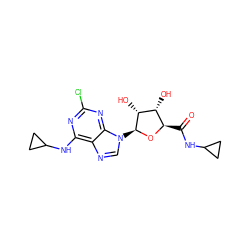 O=C(NC1CC1)[C@H]1O[C@@H](n2cnc3c(NC4CC4)nc(Cl)nc32)[C@H](O)[C@@H]1O ZINC000096900861