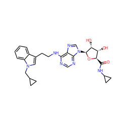 O=C(NC1CC1)[C@H]1O[C@@H](n2cnc3c(NCCc4cn(CC5CC5)c5ccccc45)ncnc32)[C@H](O)[C@@H]1O ZINC000012405764