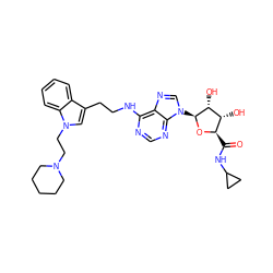 O=C(NC1CC1)[C@H]1O[C@@H](n2cnc3c(NCCc4cn(CCN5CCCCC5)c5ccccc45)ncnc32)[C@H](O)[C@@H]1O ZINC000012405746