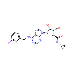 O=C(NC1CC1)[C@H]1S[C@@H](n2cnc3c(NCc4cccc(I)c4)ncnc32)[C@H](O)[C@@H]1O ZINC000049762142