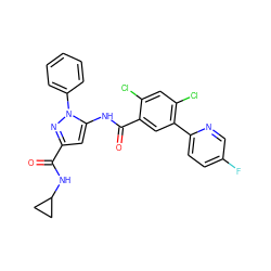 O=C(NC1CC1)c1cc(NC(=O)c2cc(-c3ccc(F)cn3)c(Cl)cc2Cl)n(-c2ccccc2)n1 ZINC001772629261