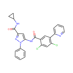 O=C(NC1CC1)c1cc(NC(=O)c2cc(-c3ccccn3)c(Cl)cc2Cl)n(-c2ccccc2)n1 ZINC001772646474