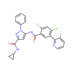 O=C(NC1CC1)c1cc(NC(=O)c2cc(-c3ncccc3F)c(Cl)cc2Cl)n(-c2ccccc2)n1 ZINC001772605160