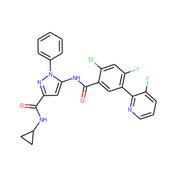 O=C(NC1CC1)c1cc(NC(=O)c2cc(-c3ncccc3F)c(F)cc2Cl)n(-c2ccccc2)n1 ZINC001772628221