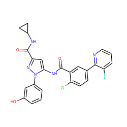 O=C(NC1CC1)c1cc(NC(=O)c2cc(-c3ncccc3F)ccc2Cl)n(-c2cccc(O)c2)n1 ZINC001772573337