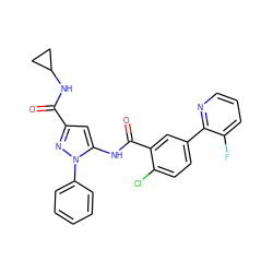 O=C(NC1CC1)c1cc(NC(=O)c2cc(-c3ncccc3F)ccc2Cl)n(-c2ccccc2)n1 ZINC001772605107