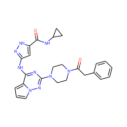 O=C(NC1CC1)c1cc(Nc2nc(N3CCN(C(=O)Cc4ccccc4)CC3)nn3cccc23)n[nH]1 ZINC000066103777